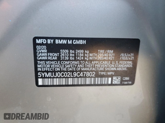2020 BMW X4 M Competition z VIN 5YMUJ0C02L9C47802, wystawiony jako Copart lot #88896685 z przebiegiem Nie podano mil oraz Szkody całkowita. Historia ofert i sprzedaży dostępna na DreamBid. Obrazek 13.