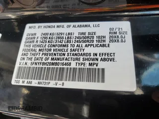 2021 Honda Passport Sport с VIN 5FNYF8H20MB016468, выставлен на аукционе Copart как лот 55732145 с пробегом 52 887 миль миль и Списание • Salvage title. История ставок и продаж доступна на DreamBid. Изображение 13.