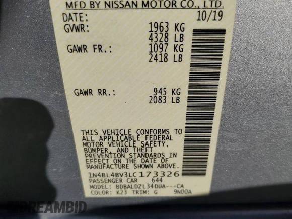 2020 Nissan Altima 2.5 S with VIN 1N4BL4BV3LC173326, listed as a Copart auction lot 89336315 with 0 mi miles and Salvage Title. Bid and sale history available at carsss.com. Image 14.