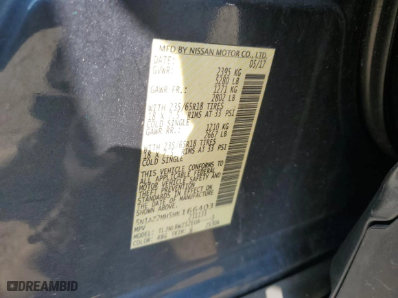 2017 Nissan Murano SL with VIN 5N1AZ2MH5HN166403, listed as a Copart auction lot 63956824 with 0 mi miles and Non Repairable. Bid and sale history available at carsss.com. Image 14.