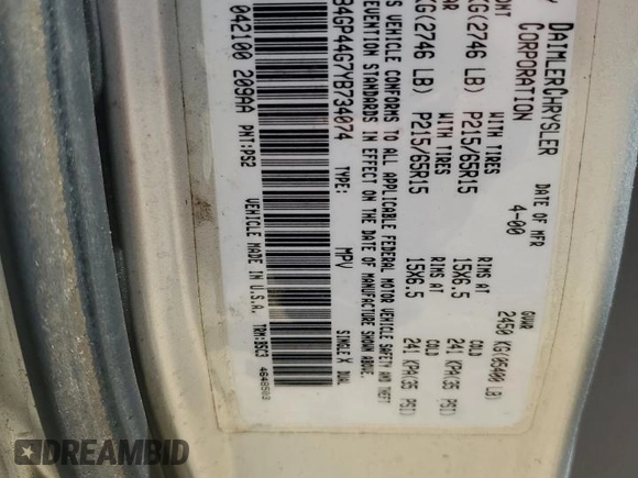 2000 Dodge Caravan SE z VIN 1B4GP44G7YB734074, wystawiony jako Copart lot #52830095 z przebiegiem Nie podano mil oraz Szkoda całkowita • Salvage title. Historia ofert i sprzedaży dostępna na DreamBid. Obrazek 15.