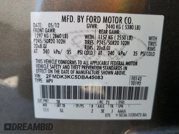 2013 Ford Edge Limited с VIN 2FMDK3KC5DBA45083, выставлен на аукционе Copart как лот 56494484 с пробегом 146 933 миль миль и На запчасти • Non repairable. История ставок и продаж доступна на DreamBid. Изображение 15.