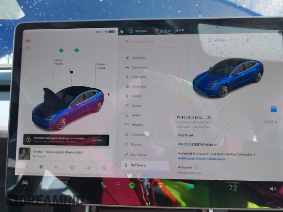 2019 Tesla Model 3 Long Range with VIN 5YJ3E1EB7KF454636, listed as a IAAI auction lot 41853972 with 56,916 mi miles. Bid and sale history available at carsss.com. Image 19.