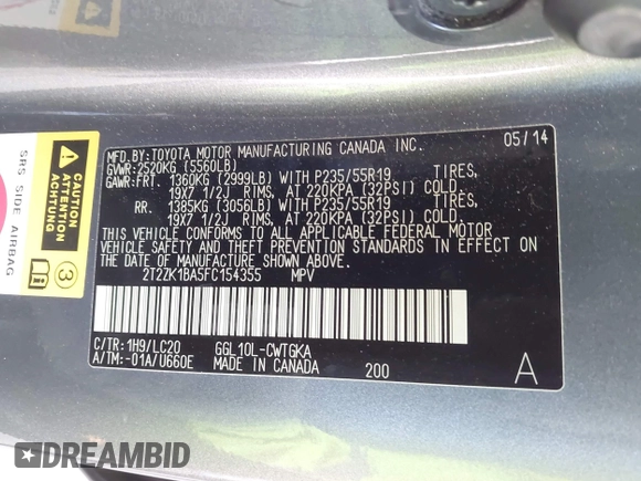 2015 Lexus RX 350 with VIN 2T2ZK1BA5FC154355, listed as a IAAI auction lot 42541384 with 95,733 mi miles and . Bid and sale history available at DreamBid. Image 9.