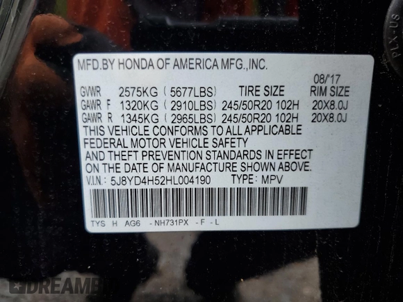2017 Acura MDX Technology with VIN 5J8YD4H52HL004190, listed as a Copart auction lot 56677235 with 90,572 mi miles and Salvage title. Bid and sale history available at DreamBid. Image 14.