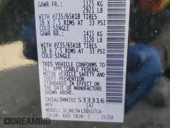 2014 Infiniti QX60 with VIN 5N1AL0MM2EC533316, listed as a Copart auction lot 43734075 with 124,280 mi miles and Salvage Title. Bid and sale history available at DreamBid. Image 13.