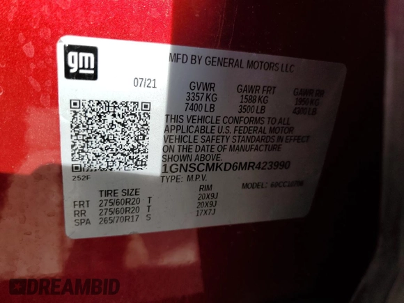 2021 Chevrolet Tahoe LS z VIN 1GNSCMKD6MR423990, wystawiony jako Copart lot #42576475 z przebiegiem 44 908 mil mil oraz Czysty tytuł • Clean title. Historia ofert i sprzedaży dostępna na DreamBid. Obrazek 13.