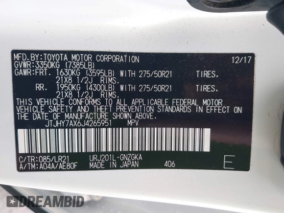 2018 Lexus LX 570 z VIN JTJHY7AX6J4265951, wystawiony jako IAAI lot #41919574 z przebiegiem 59 314 mil mil oraz . Historia ofert i sprzedaży dostępna na DreamBid. Obrazek 9.