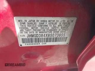 2008 Honda Fit with VIN JHMGD384X8S073855, listed as a IAAI auction lot 42581680 with 168,646 mi miles and . Bid and sale history available at DreamBid. Image 9.