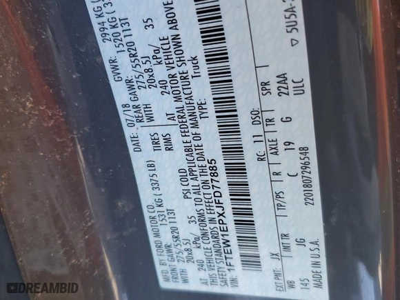 2018 Ford F-150 XL with VIN 1FTEW1EPXJFD77885, listed as a Copart auction lot 44845035 with 0 mi miles and Salvage Title. Bid and sale history available at carsss.com. Image 13.