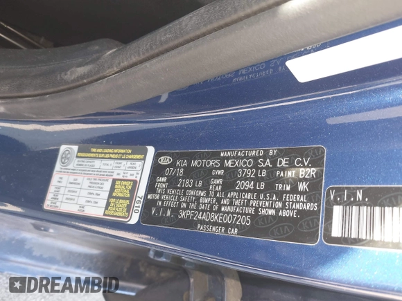 2019 Kia Forte LXS with VIN 3KPF24AD8KE007205, listed as a IAAI auction lot 41848642 with 88,121 mi miles. Bid and sale history available at carsss.com. Image 9.