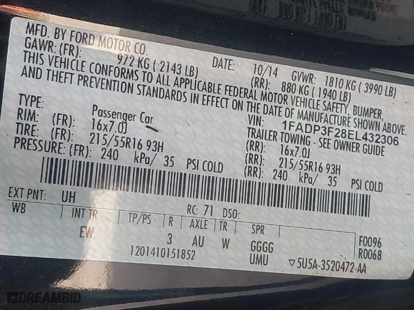 2014 Ford Focus SE with VIN 1FADP3F28EL432306, listed as a IAAI auction lot 41862236 with 136,882 mi miles. Bid and sale history available at carsss.com. Image 9.