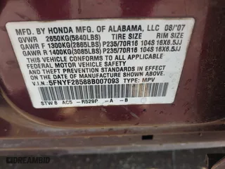 2008 Honda Pilot EX-L with VIN 5FNYF28588B007093, listed as a IAAI auction lot 41862979 with 186,147 mi miles. Bid and sale history available at carsss.com. Image 9.