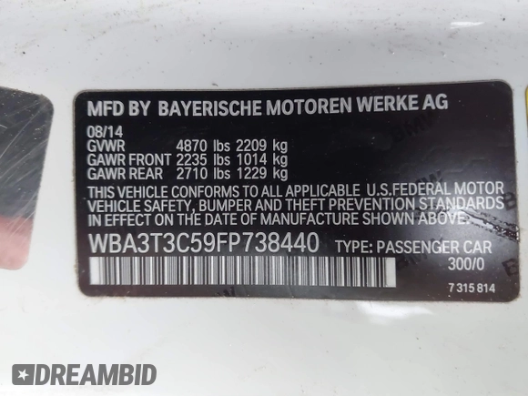 2015 BMW 4 Series 435i with VIN WBA3T3C59FP738440, listed as a IAAI auction lot 41158801 with 158,130 mi miles and . Bid and sale history available at carsss.com. Image 9.