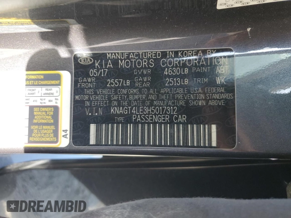 2017 Kia Optima with VIN KNAGT4LE3H5017312, listed as a Copart auction lot 50139295 with 137,106 mi miles and Salvage title. Bid and sale history available at DreamBid. Image 12.