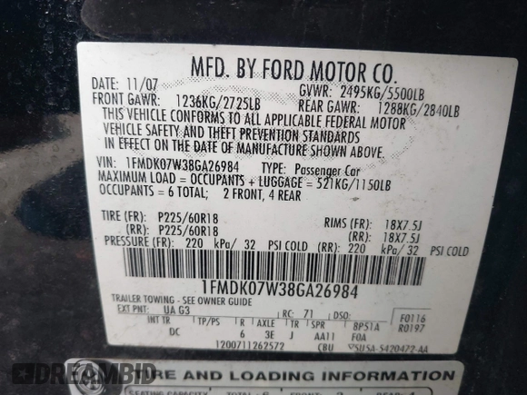 2008 Ford Taurus X Eddie Bauer с VIN 1FMDK07W38GA26984, выставлен на аукционе IAAI как лот 42067642 с пробегом 246 985 миль миль и . История ставок и продаж доступна на DreamBid. Изображение 9.