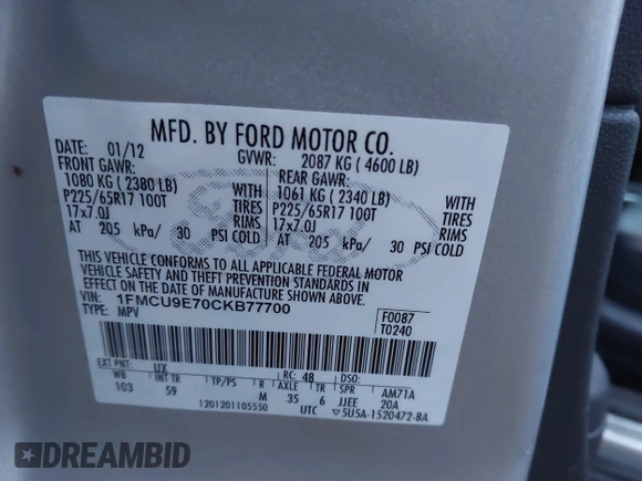 2012 Ford Escape Limited с VIN 1FMCU9E70CKB77700, выставлен на аукционе IAAI как лот 41226558 с пробегом 102 692 миль миль и . История ставок и продаж доступна на DreamBid. Изображение 9.