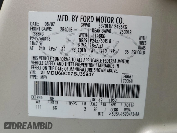2007 Lincoln MKX z VIN 2LMDU68C07BJ35947, wystawiony jako Copart lot #51804485 z przebiegiem 182 536 mil mil oraz Szkoda całkowita • Salvage title. Historia ofert i sprzedaży dostępna na DreamBid. Obrazek 15.