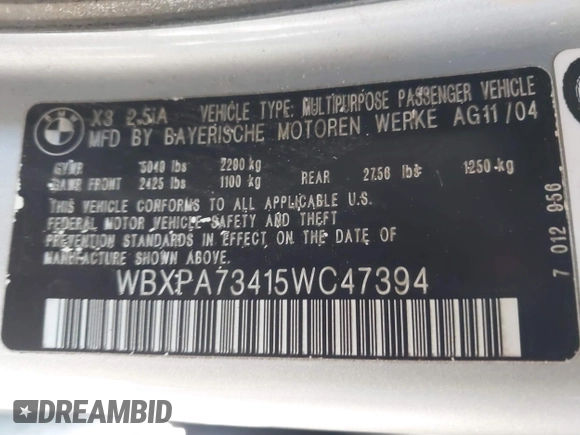 2005 BMW X3 2.5i with VIN WBXPA73415WC47394, listed as a IAAI auction lot 41481109 with 152,903 mi miles. Bid and sale history available at carsss.com. Image 9.