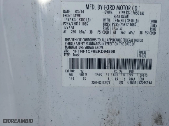 2014 Ford F-150 XL with VIN 1FTNF1CF6EKD94898, listed as a Copart auction lot 44717985 with 63,598 mi miles and Salvage Title. Bid and sale history available at carsss.com. Image 12.