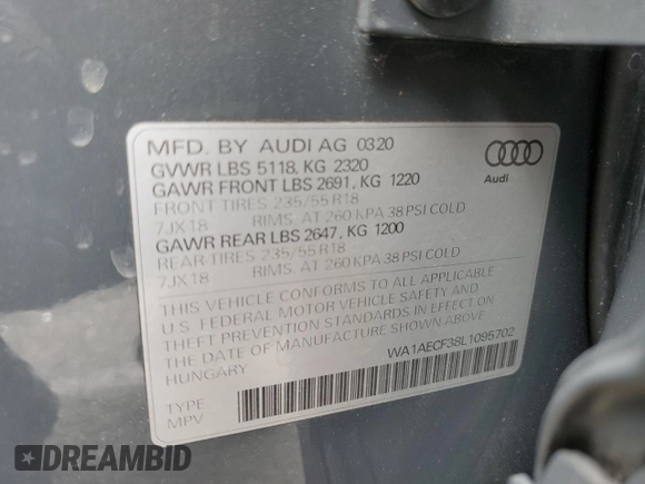 2020 Audi Q3 Premium z VIN WA1AECF38L1095702, wystawiony jako Copart lot #53888035 z przebiegiem 44 414 mil mil oraz Szkoda całkowita • Salvage title. Historia ofert i sprzedaży dostępna na DreamBid. Obrazek 14.