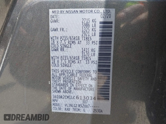 2020 Nissan Pathfinder SL z VIN 5N1DR2CM1LC613034, wystawiony jako IAAI lot #42153656 z przebiegiem 169 223 mil mil oraz . Historia ofert i sprzedaży dostępna na DreamBid. Obrazek 9.
