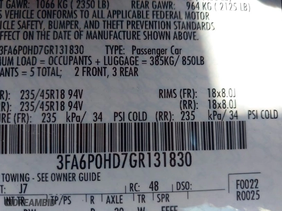 2016 Ford Fusion SE with VIN 3FA6P0HD7GR131830, listed as a IAAI auction lot 41642090 with 70,806 mi miles. Bid and sale history available at carsss.com. Image 9.