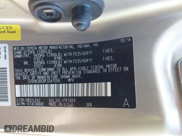 2015 Toyota Sienna XLE with VIN 5TDYK3DC8FS547056, listed as a IAAI auction lot 41387793 with 140,767 mi miles and . Bid and sale history available at DreamBid. Image 9.