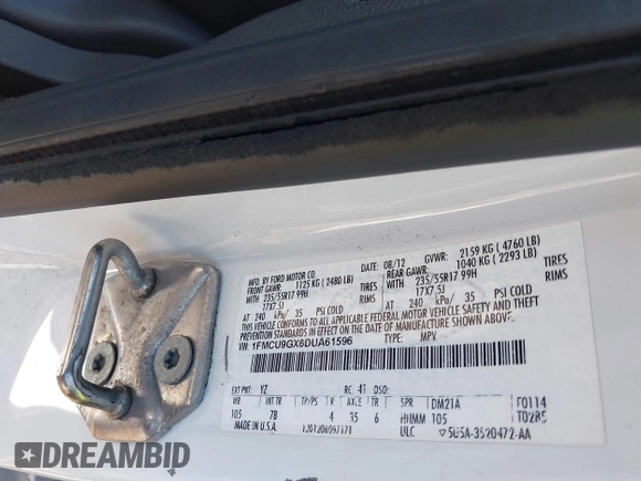 2013 Ford Escape SE with VIN 1FMCU9GX6DUA61596, listed as a IAAI auction lot 41924999 with Not Provided miles and . Bid and sale history available at DreamBid. Image 9.