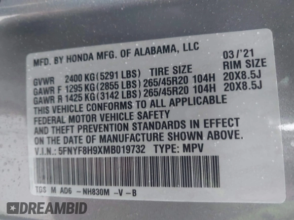 2021 Honda Passport Touring z VIN 5FNYF8H9XMB019732, wystawiony jako IAAI lot #41459208 z przebiegiem 41 745 mil mil oraz . Historia ofert i sprzedaży dostępna na DreamBid. Obrazek 9.