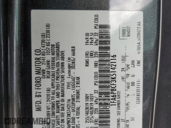 2019 Ford Mustang GT with VIN 1FA6P8CF3K5142116, listed as a Copart auction lot 55519545 with 48,058 mi miles and Salvage title. Bid and sale history available at DreamBid. Image 12.