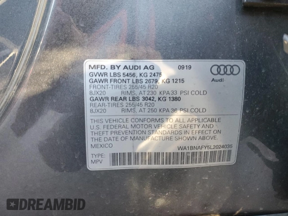 2020 Audi Q5 Premium Plus with VIN WA1BNAFY5L2024035, listed as a Copart auction lot 42304105 with 43,564 mi miles and Salvage Title. Bid and sale history available at carsss.com. Image 13.