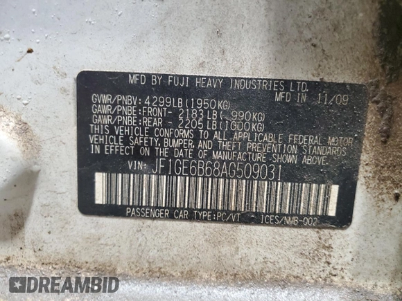 2010 Subaru Impreza Premium with VIN JF1GE6B68AG509031, listed as a Copart auction lot 54092645 with 212,931 mi miles and Clean title. Bid and sale history available at DreamBid. Image 12.