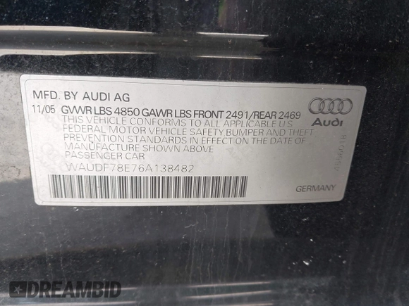 2006 Audi A4 2.0T with VIN WAUDF78E76A138482, listed as a IAAI auction lot 41660726 with 178,497 mi miles and . Bid and sale history available at DreamBid. Image 9.