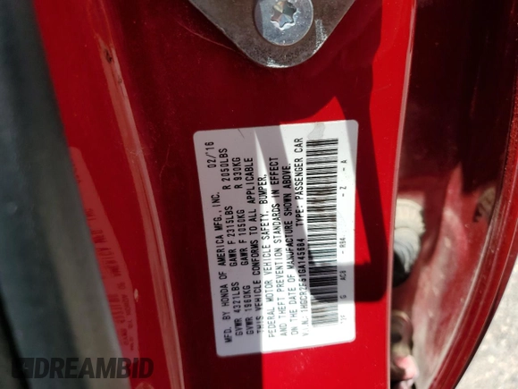2016 Honda Accord Sport with VIN 1HGCR2F51GA145684, listed as a Copart auction lot 62077595 with 94,637 mi miles and Salvage title. Bid and sale history available at DreamBid. Image 12.