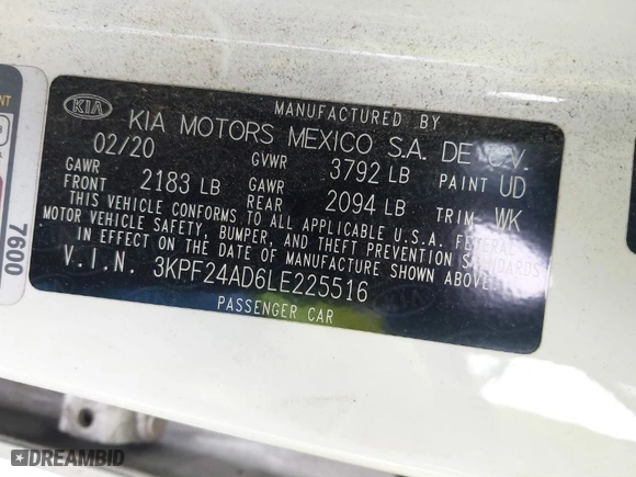 2020 Kia Forte LXS with VIN 3KPF24AD6LE225516, listed as a IAAI auction lot 41781268 with 227,009 mi miles. Bid and sale history available at carsss.com. Image 9.