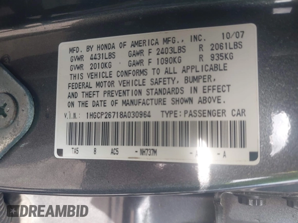2008 Honda Accord EX with VIN 1HGCP26718A030964, listed as a IAAI auction lot 42121791 with 259,363 mi miles and . Bid and sale history available at DreamBid. Image 9.