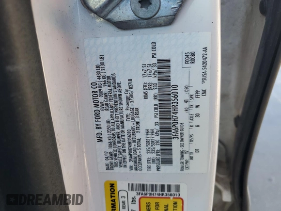 2017 Ford Fusion SE with VIN 3FA6P0H74HR356010, listed as a Copart auction lot 47547815 with 191,627 mi miles and Salvage Title. Bid and sale history available at DreamBid. Image 12.