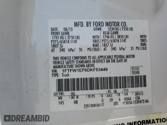 2013 Ford F-150 XL with VIN 1FTFW1EF6DKF53449, listed as a Copart auction lot 59697185 with 166,302 mi miles and Salvage title. Bid and sale history available at DreamBid. Image 12.