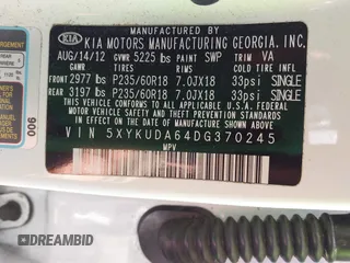 2013 Kia Sorento EX with VIN 5XYKUDA64DG370245, listed as a IAAI auction lot 42688504 with 172,060 mi miles and . Bid and sale history available at DreamBid. Image 9.