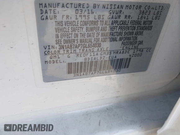 2016 Nissan Sentra SR with VIN 3N1AB7AP7GL654030, listed as a IAAI auction lot 42046515 with 109,063 mi miles and . Bid and sale history available at DreamBid. Image 9.