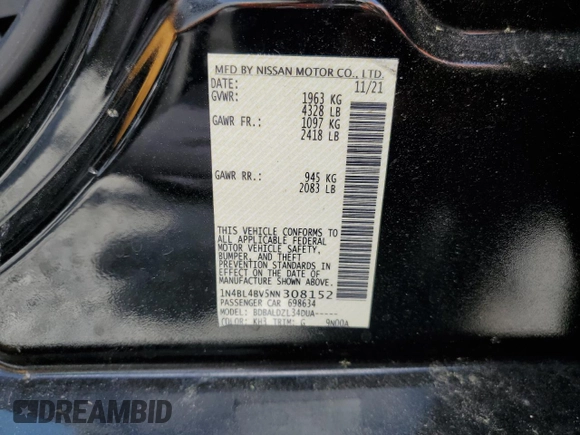 2022 Nissan Altima S z VIN 1N4BL4BV5NN308152, wystawiony jako Copart lot #54094325 z przebiegiem 55 483 mil mil oraz Nie do naprawy • Non repairable. Historia ofert i sprzedaży dostępna na DreamBid. Obrazek 13.