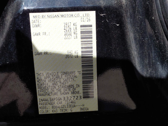 2016 Nissan Altima S z VIN 1N4AL3AP5GN332723, wystawiony jako IAAI lot #42226162 z przebiegiem 162 860 mil mil oraz . Historia ofert i sprzedaży dostępna na DreamBid. Obrazek 9.