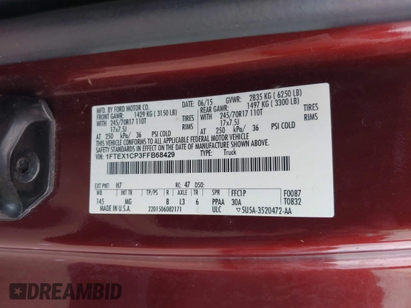 2015 Ford F-150 XL with VIN 1FTEX1CP3FFB68429, listed as a IAAI auction lot 42430717 with 110,711 mi miles and . Bid and sale history available at DreamBid. Image 9.