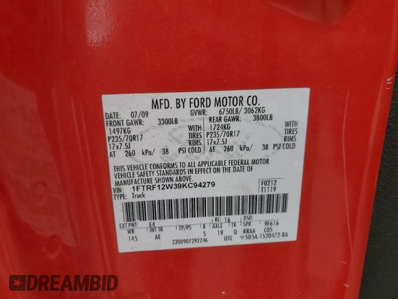 2009 Ford F-150 XL with VIN 1FTRF12W39KC94279, listed as a Copart auction lot 46003875 with Not Provided miles and Clean Title. Bid and sale history available at carsss.com. Image 12.
