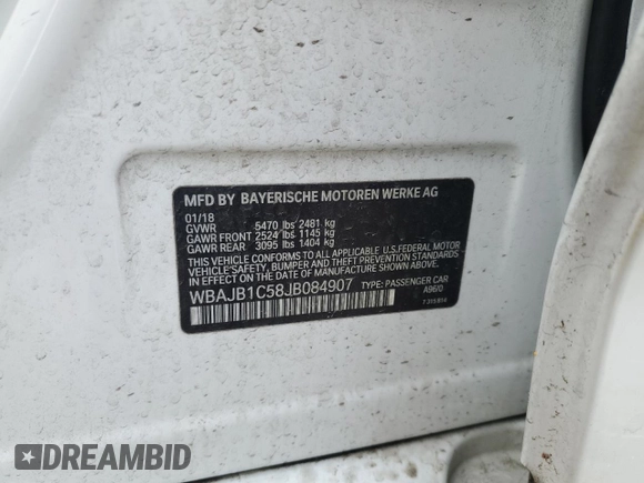 2018 BMW 5 Series 530e xDrive with VIN WBAJB1C58JB084907, listed as a Copart auction lot 49901795 with 109,617 mi miles and Salvage title. Bid and sale history available at DreamBid. Image 12.