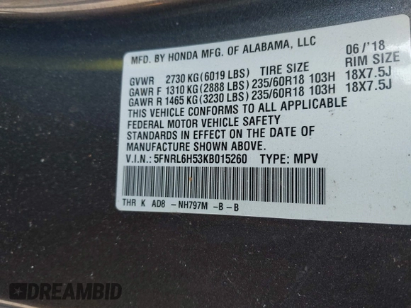 2019 Honda Odyssey EX with VIN 5FNRL6H53KB015260, listed as a IAAI auction lot 42106324 with 67,447 mi miles. Bid and sale history available at carsss.com. Image 9.