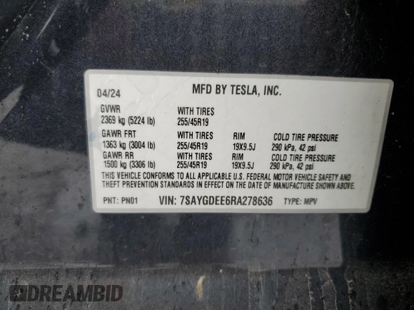 2024 Tesla Model Y Long Range with VIN 7SAYGDEE6RA278636, listed as a Copart auction lot 48718085 with 21,349 mi miles and Salvage Title. Bid and sale history available at DreamBid. Image 12.