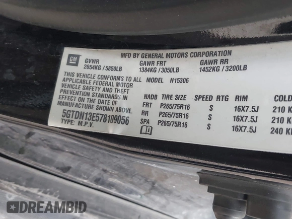 2007 Hummer H3 SUV with VIN 5GTDN13E578109056, listed as a IAAI auction lot 41455611 with 182,456 mi miles and . Bid and sale history available at DreamBid. Image 9.