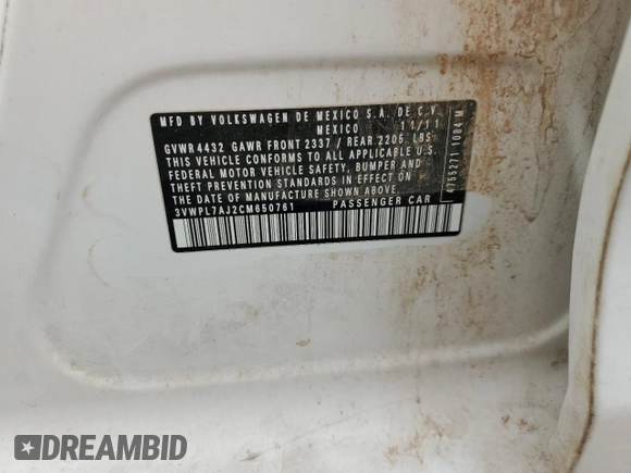 2012 Volkswagen Jetta TDI with VIN 3VWPL7AJ2CM650761, listed as a Copart auction lot 58409985 with 195,996 mi miles and Salvage title. Bid and sale history available at DreamBid. Image 12.